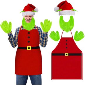 codree 4 Pcs/Set Green Beard Santa Hat Apron with Furry Gloves- Funny Green Beard Christmas Cosplay Costume- Xmas Green Beard Costume Santa Hat Gloves Set for Adult Christmas Costume Accessories