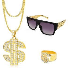 80s 90s Hip Hop Costume Kit, Rapper Costume Accessories, Gold Digger Accessories, Hip Hop Jewelry Set With Dollar Money Sign, Fake Gold Chain, Outfit for Men Women, Halloween Party, Pimp Costume