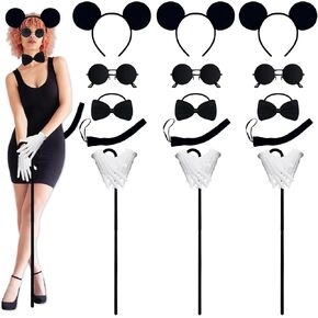 Halloween Mouse Theme Costume Accessories Set, Mouse Headbands Bow Ties Tails Removable Cane Sunglasses White Gloves