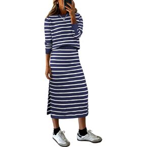 Women 2 Piece Outfits Striped Sweater Skirt Sets Fall Casual Long Sleeve Pullover Top Lounge Travel Midi Dress
