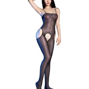 RUIBAVYA Women's Bodystocking Oil Shiny Glossy Body Stockings Suspender Pantyhose Four-way open Catsuit Crotchless Full Bodystocking