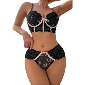 OYOANGLE Women's 2 Piece Lingerie Set Contrast Lace Printed Bow Knot Bra and Panty Sets Underwear