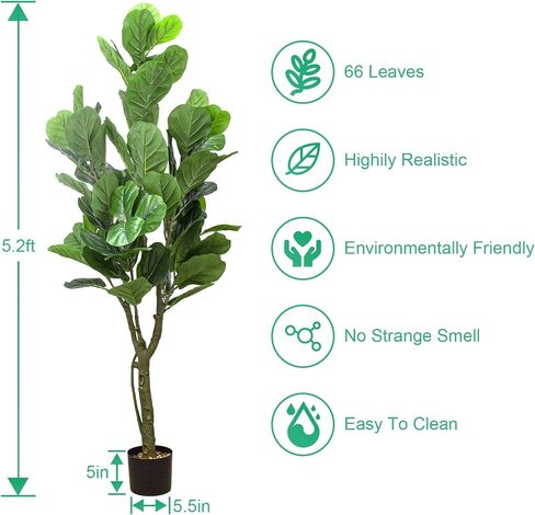 SZHLUX 5.2FT Artificial Fiddle Leaf Fig Tree, Artificial Plants for Home Decor Indoor, Lifelike Evergreen Fake Artificial Ficus Tree Perfect Match for Home Office Decoration in Kuwait