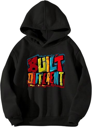 Boy's Letter Graphic Hoodie Long Sleeve Thermal Lined Hooded Sweatshirts Loose Fall Pullover Tops in Saudi Arabia