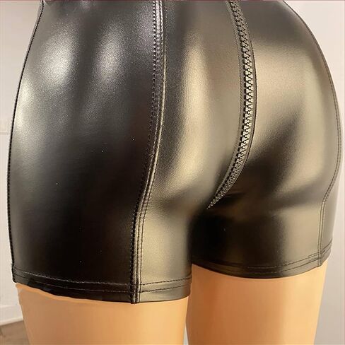 Women's Sexy Black Matte Leather Open Crotch Shorts Exotic Bodycon Slim Faux Leather Skinny Shorts in Saudi Arabia