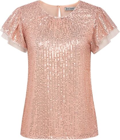 GRACE KARIN Women's Sparkly Sequin Tops Short Sleeve Glitter Dressy Blouses Round Neck Club Ruffle Party Tops in Saudi Arabia