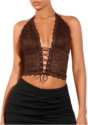 Women's Sexy Lace Corset Top Halter Neck Lace Up Front Crop Top Y2K Backless Tie Tank in Saudi Arabia