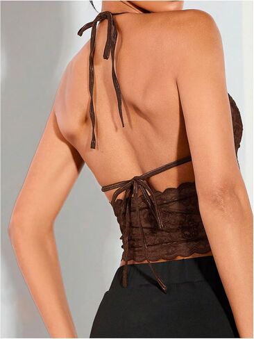 Women's Sexy Lace Corset Top Halter Neck Lace Up Front Crop Top Y2K Backless Tie Tank in Saudi Arabia