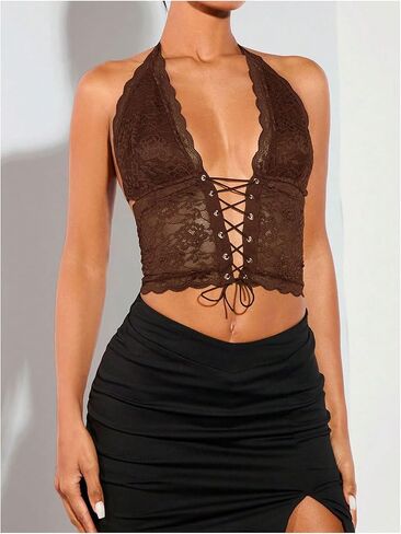 Women's Sexy Lace Corset Top Halter Neck Lace Up Front Crop Top Y2K Backless Tie Tank in Saudi Arabia