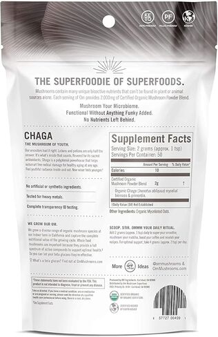 OM Mushroom Superfood Chaga Organic Mushroom Powder, 7.05 Ounce Pouch, 100 Servings, US Grown, Sacred Antioxidants & Immune Support, Superfood Mushroom Supplement in Kuwait