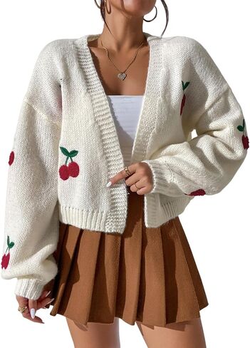 GORGLITTER Women's Graphic Cherry Cardigan Open Front Cable Knit Lantern Sleeve Cropped Cardigan Sweater in Saudi Arabia