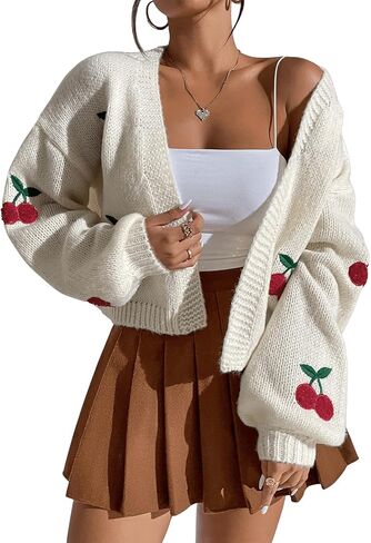 GORGLITTER Women's Graphic Cherry Cardigan Open Front Cable Knit Lantern Sleeve Cropped Cardigan Sweater in Saudi Arabia