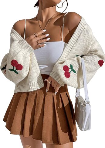 GORGLITTER Women's Graphic Cherry Cardigan Open Front Cable Knit Lantern Sleeve Cropped Cardigan Sweater in Saudi Arabia