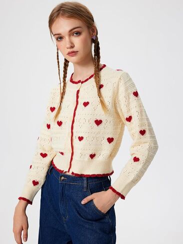 CIDER Cardigan Sweaters for Women Trendy Cute Sweaters Long Sleeve Crew Neck Heart Print Cardigans Spring Fall Outfits in Saudi Arabia