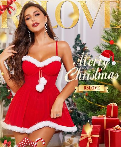 ملابس نوم بيبي دول لعيد الميلاد من RSLOVE للنساء - قميص سانتا مثير للعطلات ملابس نوم نسائية شبكية حمراء لعيد الميلاد in Saudi Arabia