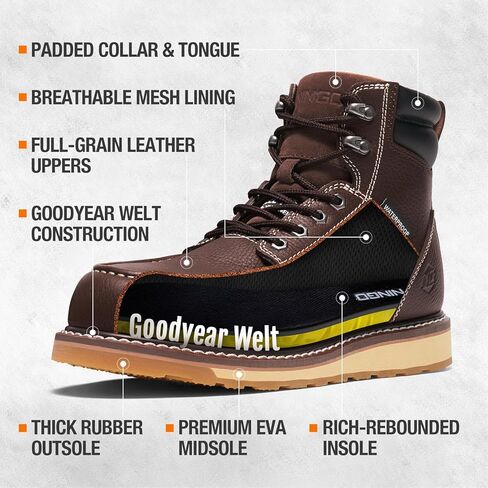 NINGO Steel/Soft Toe Work Boots for Men, 6 Inch Waterproof Mens Wedge Moc Toe Boots, Full-Grain Leather, Oil and Slip-Resistant Safety Boots, EH Protection,Work Boots for Construction, Industrial in Kuwait