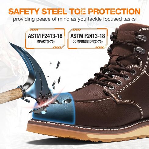 NINGO Steel/Soft Toe Work Boots for Men, 6 Inch Waterproof Mens Wedge Moc Toe Boots, Full-Grain Leather, Oil and Slip-Resistant Safety Boots, EH Protection,Work Boots for Construction, Industrial in Kuwait