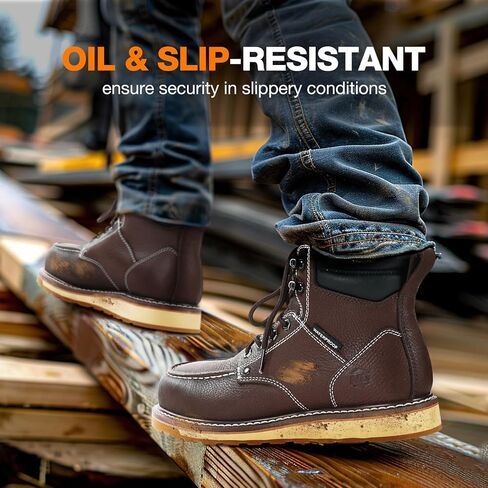 NINGO Steel/Soft Toe Work Boots for Men, 6 Inch Waterproof Mens Wedge Moc Toe Boots, Full-Grain Leather, Oil and Slip-Resistant Safety Boots, EH Protection,Work Boots for Construction, Industrial in Kuwait