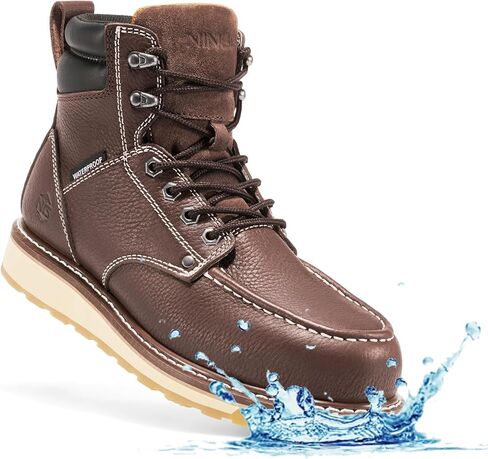 NINGO Steel/Soft Toe Work Boots for Men, 6 Inch Waterproof Mens Wedge Moc Toe Boots, Full-Grain Leather, Oil and Slip-Resistant Safety Boots, EH Protection,Work Boots for Construction, Industrial in Kuwait