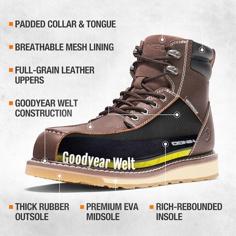 NINGO Steel/Soft Toe Work Boots for Men, 6 Inch Waterproof Mens Wedge Moc Toe Boots, Full-Grain Leather, Oil and Slip-Resistant Safety Boots, EH Protection,Work Boots for Construction, Industrial in Kuwait