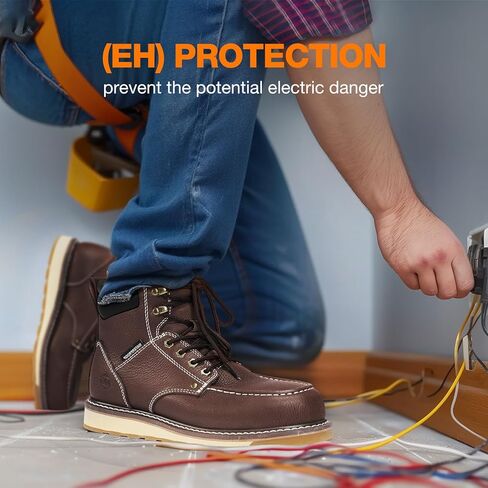 NINGO Steel/Soft Toe Work Boots for Men, 6 Inch Waterproof Mens Wedge Moc Toe Boots, Full-Grain Leather, Oil and Slip-Resistant Safety Boots, EH Protection,Work Boots for Construction, Industrial in Kuwait