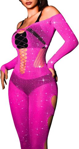 Sexy Rhinestone Jumpsuit For Women, Exotic Stripper Dancewear, Fishnet Mesh Bodysuit, Glow Lingerie Bodystocking in Saudi Arabia