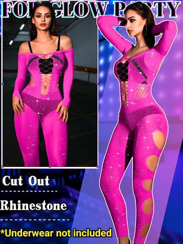 Sexy Rhinestone Jumpsuit For Women, Exotic Stripper Dancewear, Fishnet Mesh Bodysuit, Glow Lingerie Bodystocking in Saudi Arabia