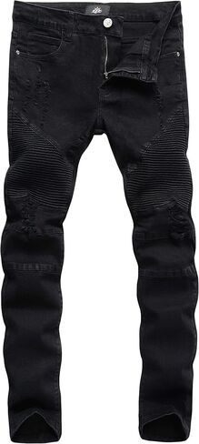 ZLZ Black Biker Jeans for Men Slim Fit, Men's Comfy Stretch Ripped Distressed Biker Jeans Pants Rock, Designer Jeans, Size 28 in Saudi Arabia