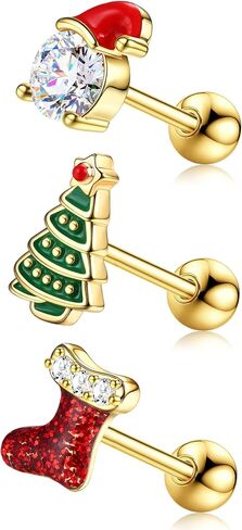 BodyBonita 3Pcs 16G 316 Surgical Steel Christmas Cartilage Earring CZ Tragus Piercing Jewelry Helix Studs Conch Piercing Jewelry Stud Earring for Women Men in Kuwait