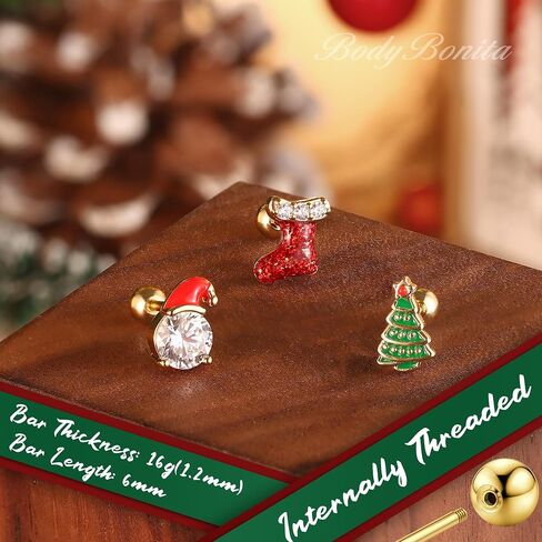 BodyBonita 3Pcs 16G 316 Surgical Steel Christmas Cartilage Earring CZ Tragus Piercing Jewelry Helix Studs Conch Piercing Jewelry Stud Earring for Women Men in Kuwait