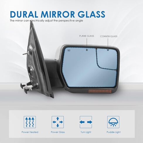 MOSTPLUS Towing Mirror Compatible with 2004-2014 Ford F150 F-150 Power Heated Mirror w/Puddle Light, Sequential Turn Light, Dural Beam (Chrome) in Kuwait
