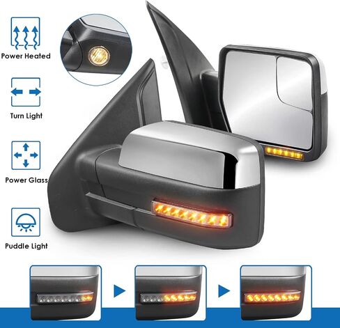 MOSTPLUS Towing Mirror Compatible with 2004-2014 Ford F150 F-150 Power Heated Mirror w/Puddle Light, Sequential Turn Light, Dural Beam (Chrome) in Kuwait