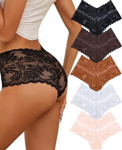 FINETOO Sexy Underwear for Women V-Waist Shorts Women' s Underwear Lightweight Soft Lace High Waist Panties 5 Pack in Saudi Arabia