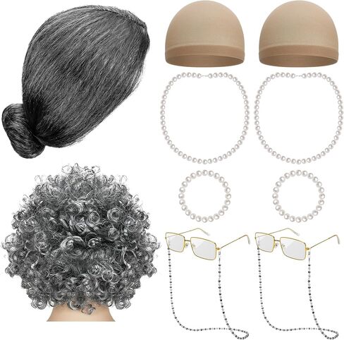 Huskein 100 Days of School Costume, Old Lady Cosplay Silver Bun Wig Glasses Wig Cap Pearl Necklace Bracelet Accessories for Girls in Saudi Arabia