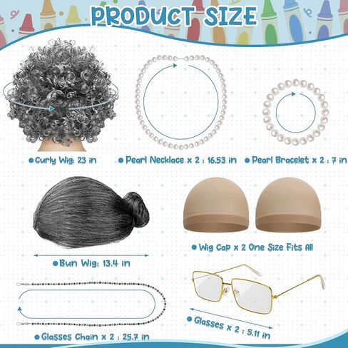 Huskein 100 Days of School Costume, Old Lady Cosplay Silver Bun Wig Glasses Wig Cap Pearl Necklace Bracelet Accessories for Girls in Saudi Arabia
