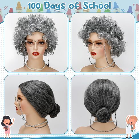 Huskein 100 Days of School Costume, Old Lady Cosplay Silver Bun Wig Glasses Wig Cap Pearl Necklace Bracelet Accessories for Girls in Saudi Arabia