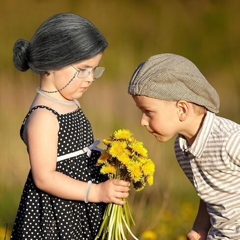 Huskein 100 Days of School Costume, Old Lady Cosplay Silver Bun Wig Glasses Wig Cap Pearl Necklace Bracelet Accessories for Girls in Saudi Arabia