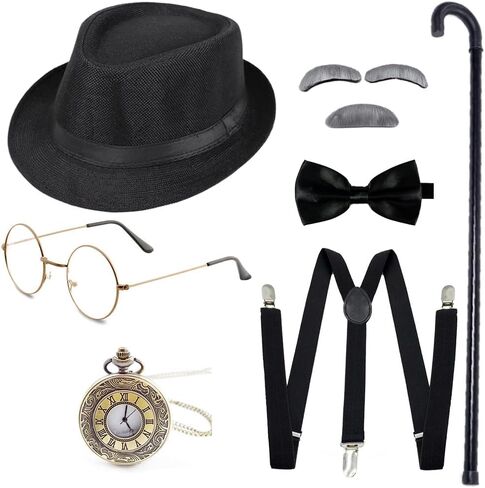 Gionforsy Old Man Costume Accessories Set Grandpa Accessories Set 1920s Mens Gatsby Gangster Costume with Newsboy Hat in Saudi Arabia