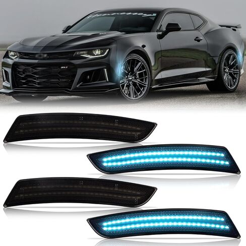 POPMOTORZ 4 Pack Front Rear Fender LED Side Marker Lights Compatible With Chevy Camaro 2016 2017 2018 2019 2020 2021 2022 2023 LED Bumper Side Marker Lamps Smoked Lens Ice Blue LED in Kuwait