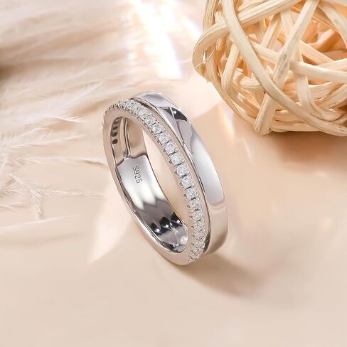 خاتم زفاف ONKAZO مويسانيتي بصفين من حلقات نصف الخلود للنساء حلقات التراص المزدوجة 18 قيراط مطلية بالذهب الأبيض 925 من الفضة الاسترليني حلقة معززة مزدوجة in Kuwait