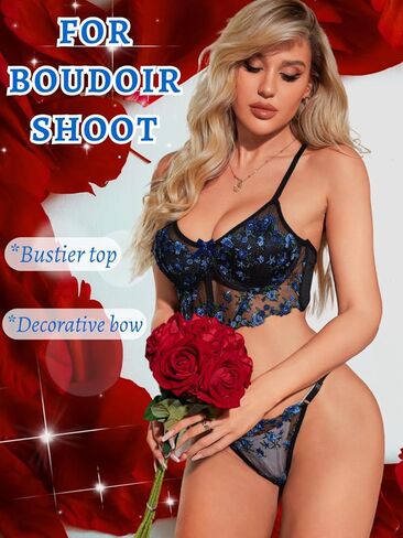 Floral Embroidered Lingerie,Underwire Sheer Mesh Sexy Bra And Panty Sets,2 Piece Corset Lingeries Women Boudoir in Kuwait