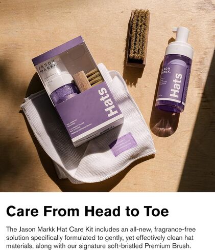 Jason Markk Hat Care Kit, Hat Cleaner, 2-Piece Set, Ready-To-Use Foam & Delicates Brush, Cap Cleaning, Ideal for Headwear, Safe for Cotton, Wool, Felt, Corduroy, Polyester, 4oz in Kuwait