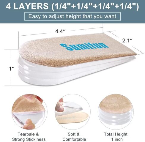 Sumifun Heel Lift, 4-Layer 1 Inch Gel Shoe Lifts for Women Uneven Legs, Adjustable Orthopedic Heel Lifts for Heel Pain and Leg Length Discrepancy, Heel Wedge Inserts 1/4" 1/2" 3/4" (Size S, 1 Pair) in Kuwait