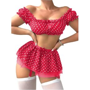 COZYEASE Women's 5 Piece Lingerie Set Polka Dots Mesh Crop Top Garter Babydoll Lingerie Skirt Set with Stockings