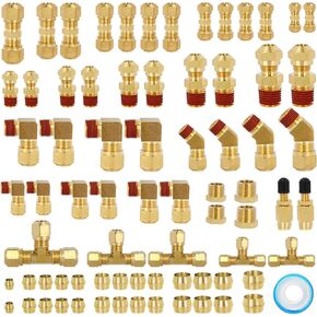 NIHAO 74 PCS Brass Air Brake Line Fittings with Teflon Tape, 1/4" 1/8" 3/8" 1/2" 5/8" Union/Tee/Straight/Hex Bushing/Schrader Valve/Ferrules for Truck or Industrial Air System