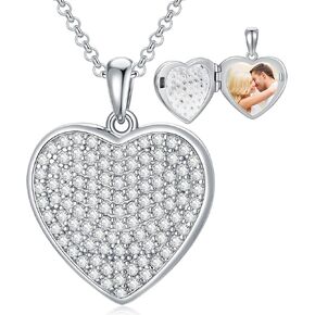 LONAGO Shine Cubic Zirconia Heart Photo Locket Necklace That Hold Pictures Heart Picture Locket Pendant Necklace Sterling Silver Gift for Women
