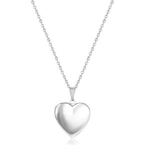 Heart Locket Necklace for Women, Silver Photo Locket Hold Picture Insdie Link, Memory Keeper for Lover Birthday Gifts(Stainless Steel)