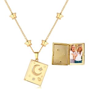 Gold Locket Moon and Star Necklace, 18K Gold-Plated Picture Locket Necklace for Women, Friendship Danty BFF Locket Necklace with Photo for Her, Stylish and Minimalist Necklace Jewelry for Women Gifts (Gold)
