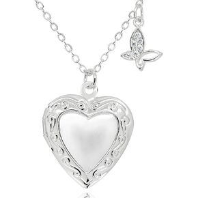 Love Heart Locket and Butterfly Pendant Necklace for Women Rhodium Silver Photo Lockets that Hold Picture Jewelry Christmas Gifts for Teen [HN-LK-S]