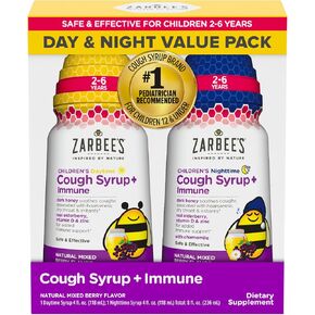 Zarbee's Kids Cough + Immune Day/Night Value Pack for Children 2-6 with Dark Honey, Vitamin D & Zinc, #1 Pediatrician Recommended, Drug & Alcohol-Free, Mixed Berry Flavor, 2x4FL Oz